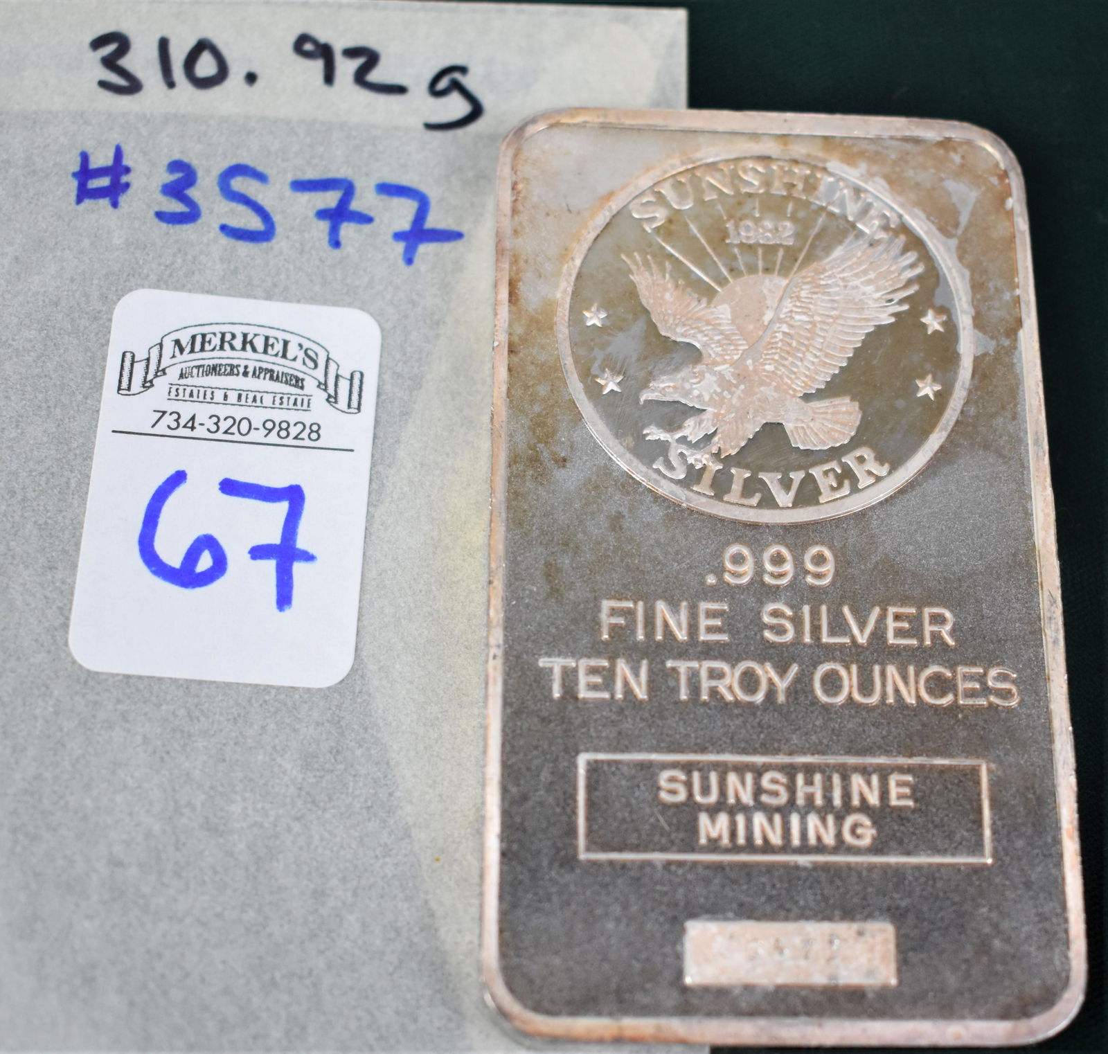 1982 Sunshine Mining  .999 Fine Silver 10 Troy Ounces Bar (1 of 2)