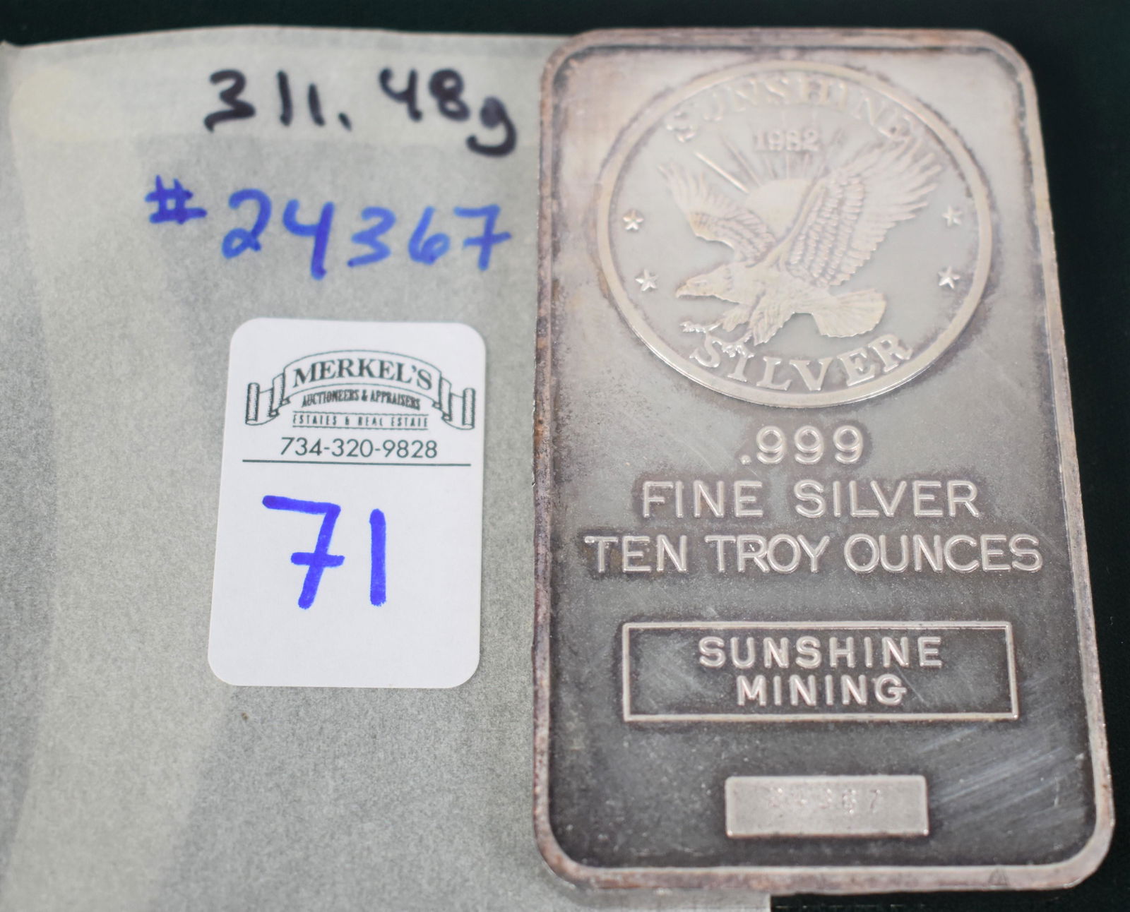 1982 Sunshine Mining  .999 Fine Silver 10 Troy Ounces Bar (1 of 2)