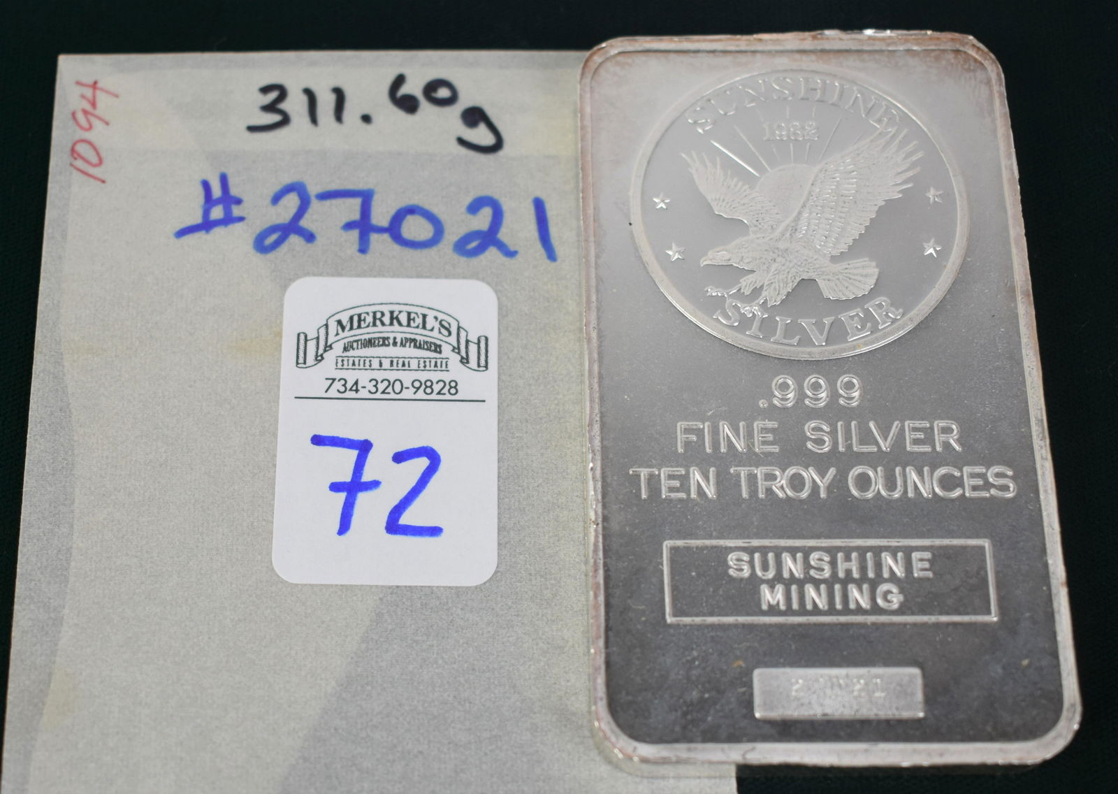 1982 Sunshine Mining  .999 Fine Silver 10 Troy Ounces Bar (1 of 2)