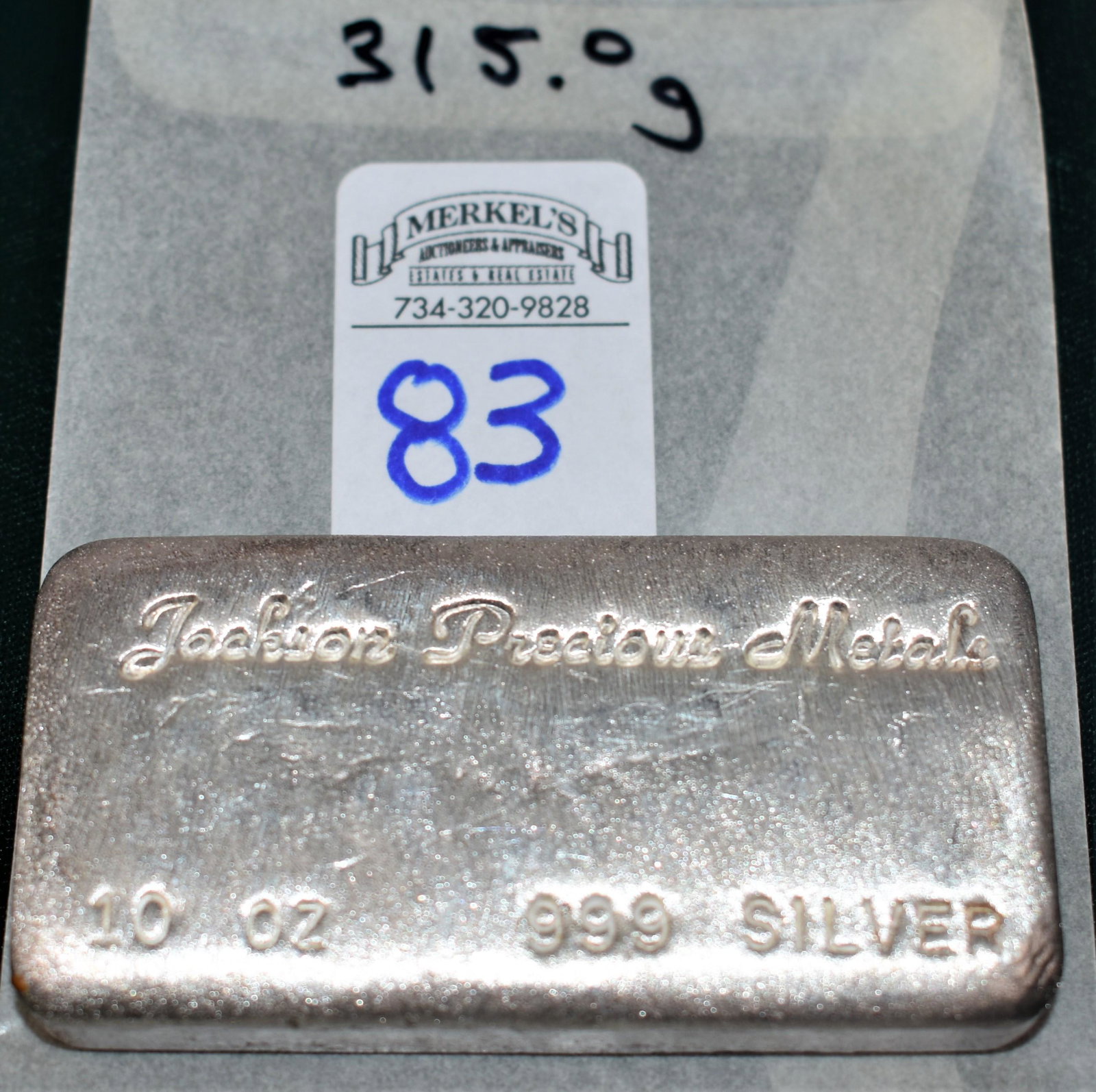Jackson Precious Metals 999 Silver 10 Ounces Bar: Jackson Precious Metals 999 Silver 10 Ounces Bar, Sartorius Excellence Precision Digital Scale Weight is 315.0 Grams. See attached photos as evidence of condition and details.