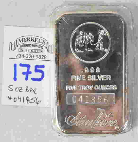 Five Troy Ounces .999 Fine Silver 5 Troy Ounces Silvertowne .999 Fine Silver Bar Ser#041856