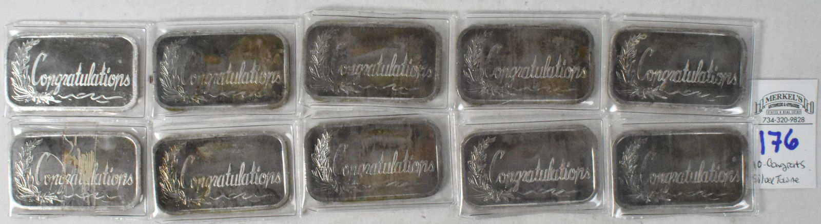 Lot of 10 Silvertowne "Congratulations" .999 Silver 1 Troy Ounce Bars (1 of 2)