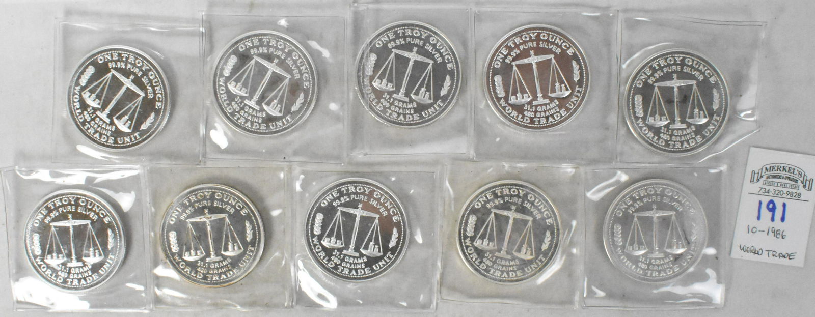 Lot of 10 1986 World Trade Unit .999 Silver 1 Troy Ounce Bullion Coins (1 of 2)
