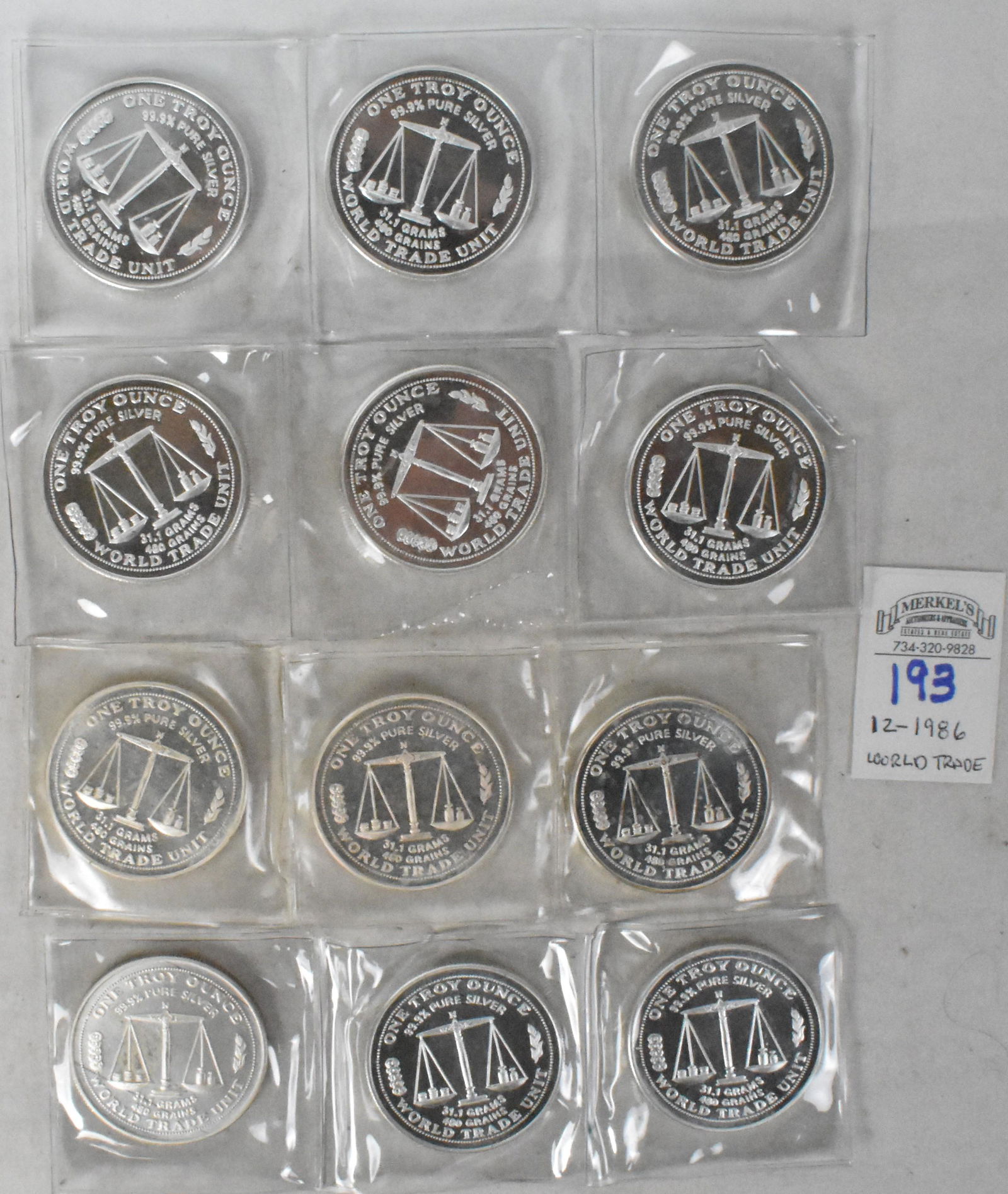 Lot of 12 1986 World Trade Unit .999 Silver 1 Troy Ounce Bullion Coins (1 of 2)