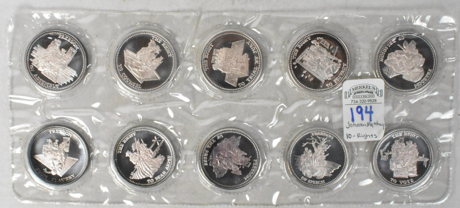 Lot of 10 Johnson Matthey "10 Rights" .999 Silver 1 Troy Ounce Bullion Coins: Lot of 10 Johnson Matthey "10 Rights" .999 Silver 1 Troy Ounce Bullion Coins. Coins remain in very good overall condition with frost on some from storage. See attached photos as evidence of condition 