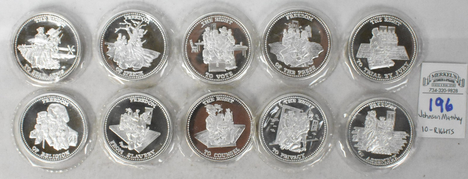 Lot of 10 Johnson Matthey "10 Rights" .999 Silver 1 Troy Ounce Bullion Coins: Lot of 10 Johnson Matthey "10 Rights" .999 Silver 1 Troy Ounce Bullion Coins. Coins remain in very good overall condition with frost on some from storage. See attached photos as evidence of condition 