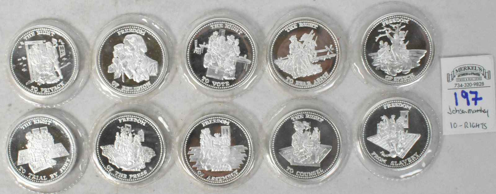Lot of 10 Johnson Matthey "10 Rights" .999 Silver 1 Troy Ounce Bullion Coins: Lot of 10 Johnson Matthey "10 Rights" .999 Silver 1 Troy Ounce Bullion Coins. Coins remain in very good overall condition with frost on some from storage. See attached photos as evidence of condition 