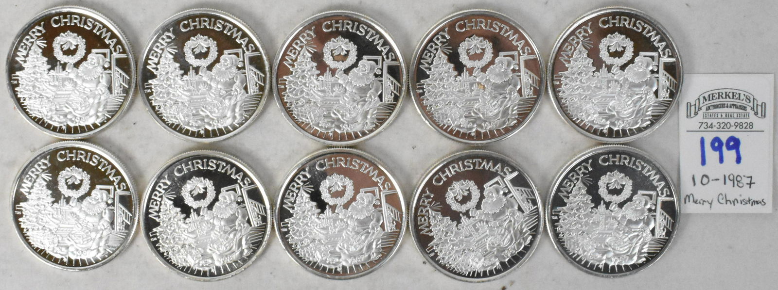 Lot of 10 1987 "Merry Christmas" .999 Silver 1 Troy Ounce Bullion Coins (1 of 2)