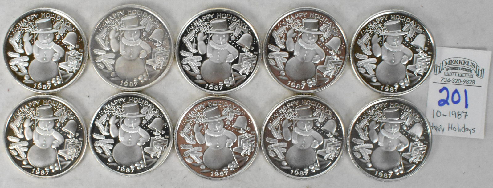 Lot of 10 1987 "Happy Holidays" .999 Silver 1 Troy Ounce Bullion Coins (1 of 2)