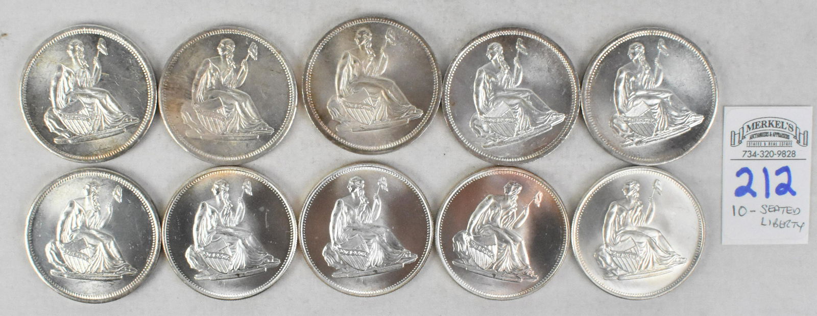 Lot of 10 "Seated Liberty" .999 Silver 1 Troy Ounce Bullion Coins (1 of 2)