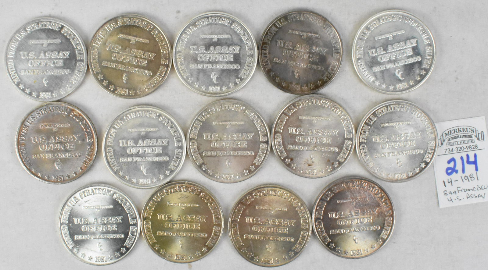 Lot of 14 US Assay Office San Francisco .999 Silver 1 Troy Ounce Bullion Coins (1 of 2)