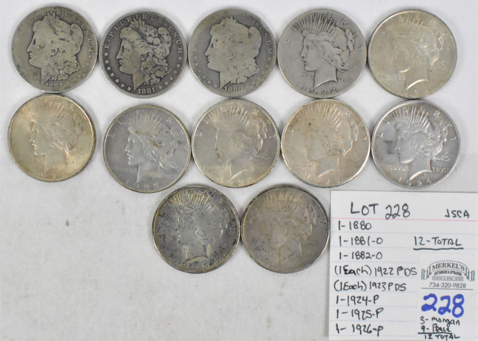 Lot of 3 Morgan & 9 Peace Peace Silver Dollars (1 of 2)