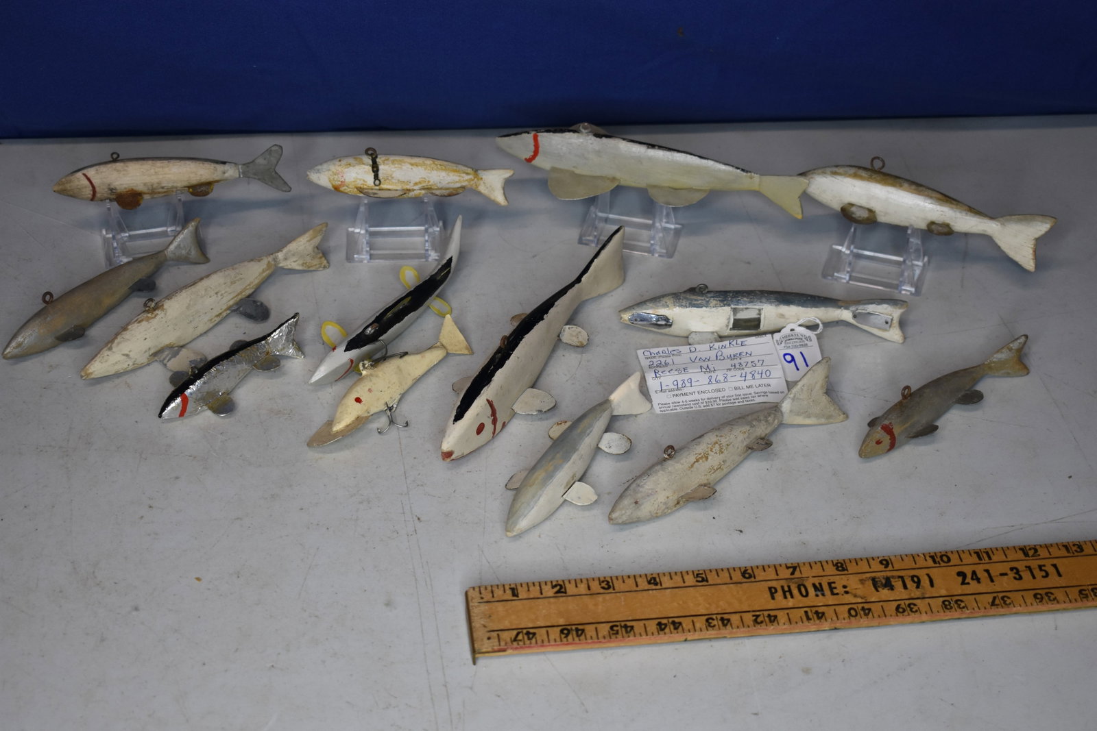 Lot of 14 Hand Hade Fishing Decoys from Charles D. Kinkle, Reese, MI: Lot of 14 Hand Hade Fishing Decoys from Charles D. Kinkle, Reese, MI, used in Alpena area for spearing. See attached photos.