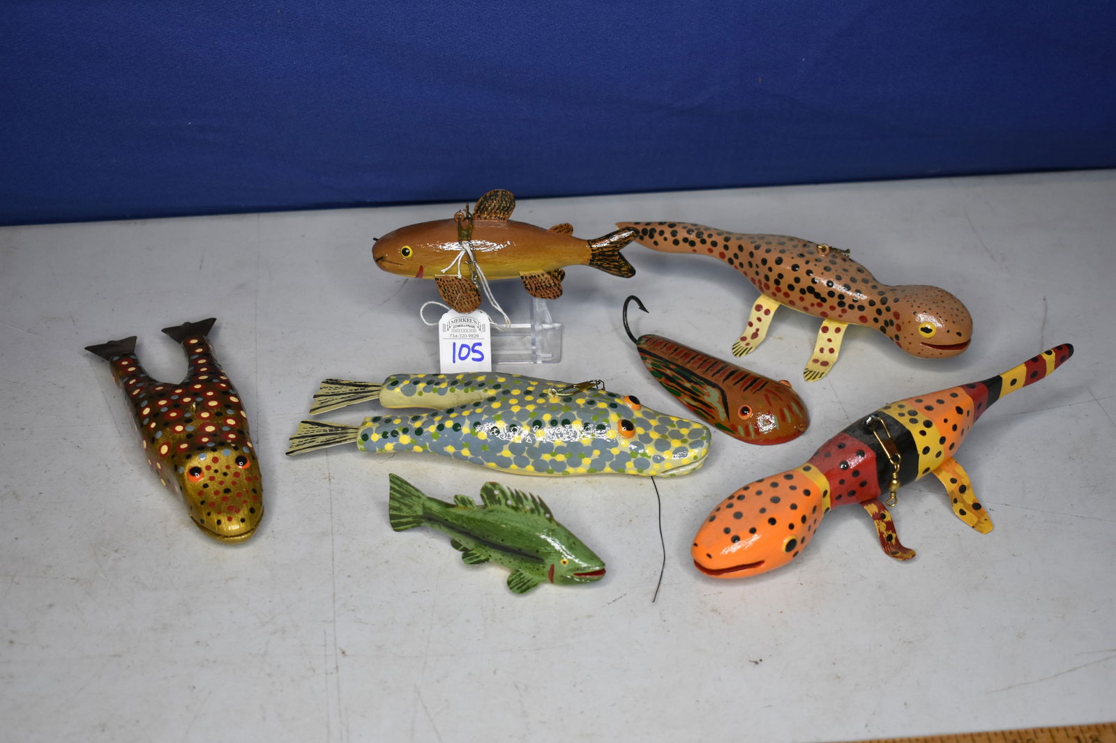Lot Of 7 Lee Baldwin Signed Hand Carved Fishing Decoys Auction