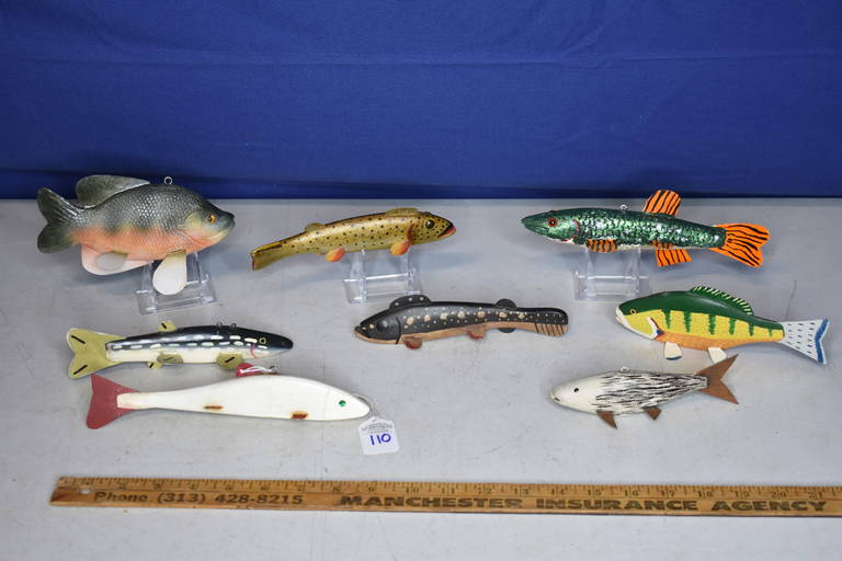 Lot Of 8 Various Hand Made Ice Fishing Spear Decoys