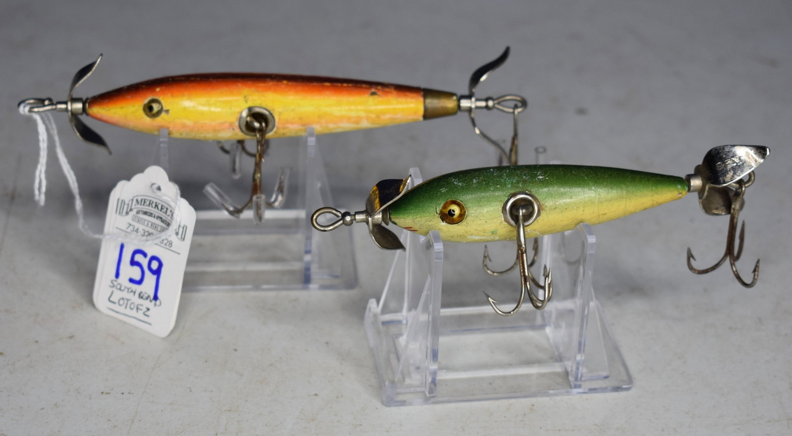 Lot of 2 South Bend Propeller Marked Glass Eyed 3-Hook Lures: Lot of 2 South Bend Propeller Marked Glass Eyed 3-Hook Lures. See attached photos