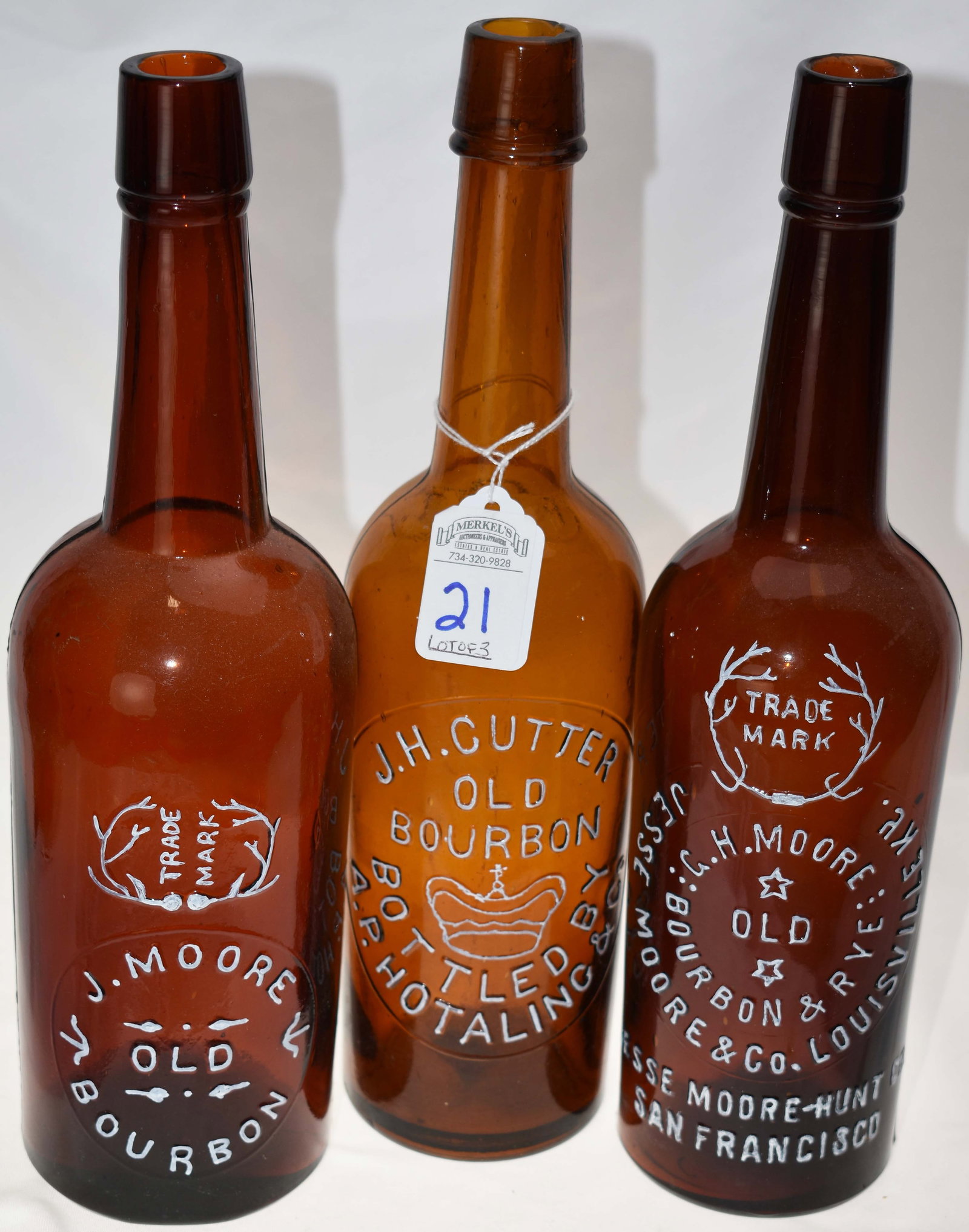 Lot of 3 Whiskey Bottles - J.H. Cutter Old Bourbon, Jesse Moore & Co., J. Moore Bourbon (1 of 4)