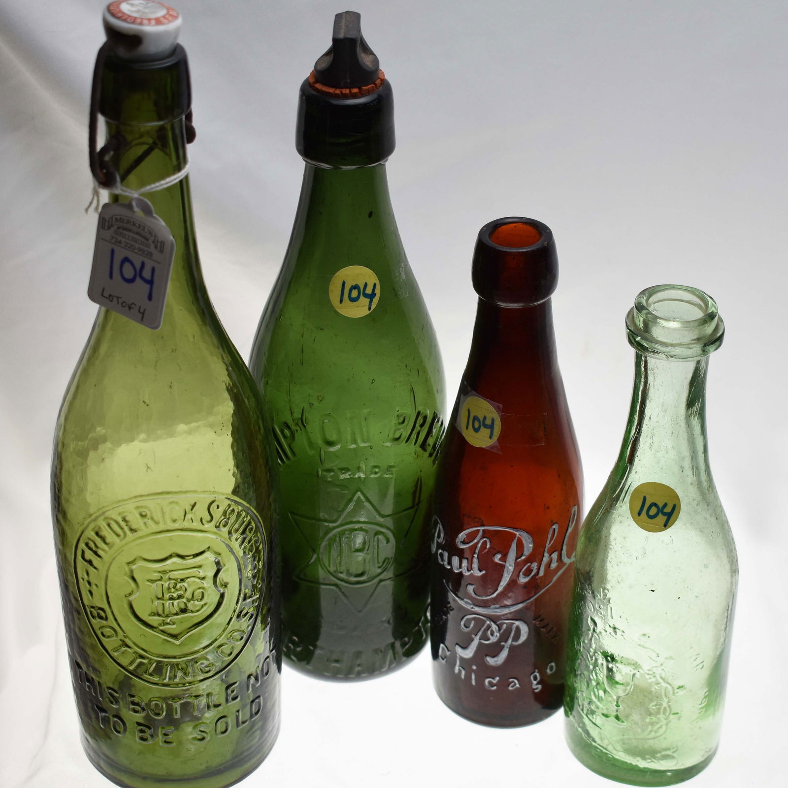 Lot of 4 Colored Beer Bottles including Frederick San Francisco California (1 of 6)