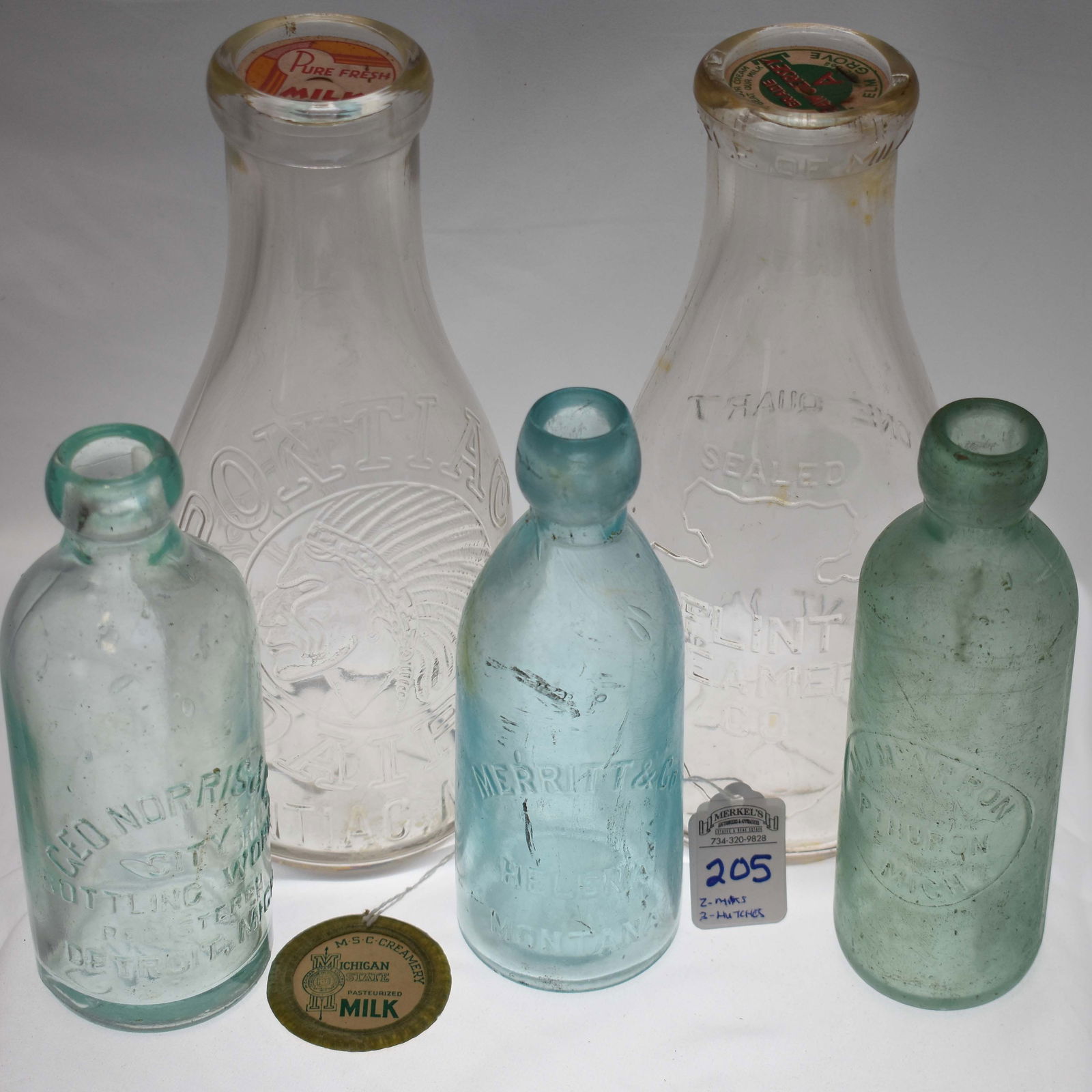Lot of 5 Bottles - 2 Michigan Milk Bottles - 3 Hutches and Unused Milk Cap (1 of 3)