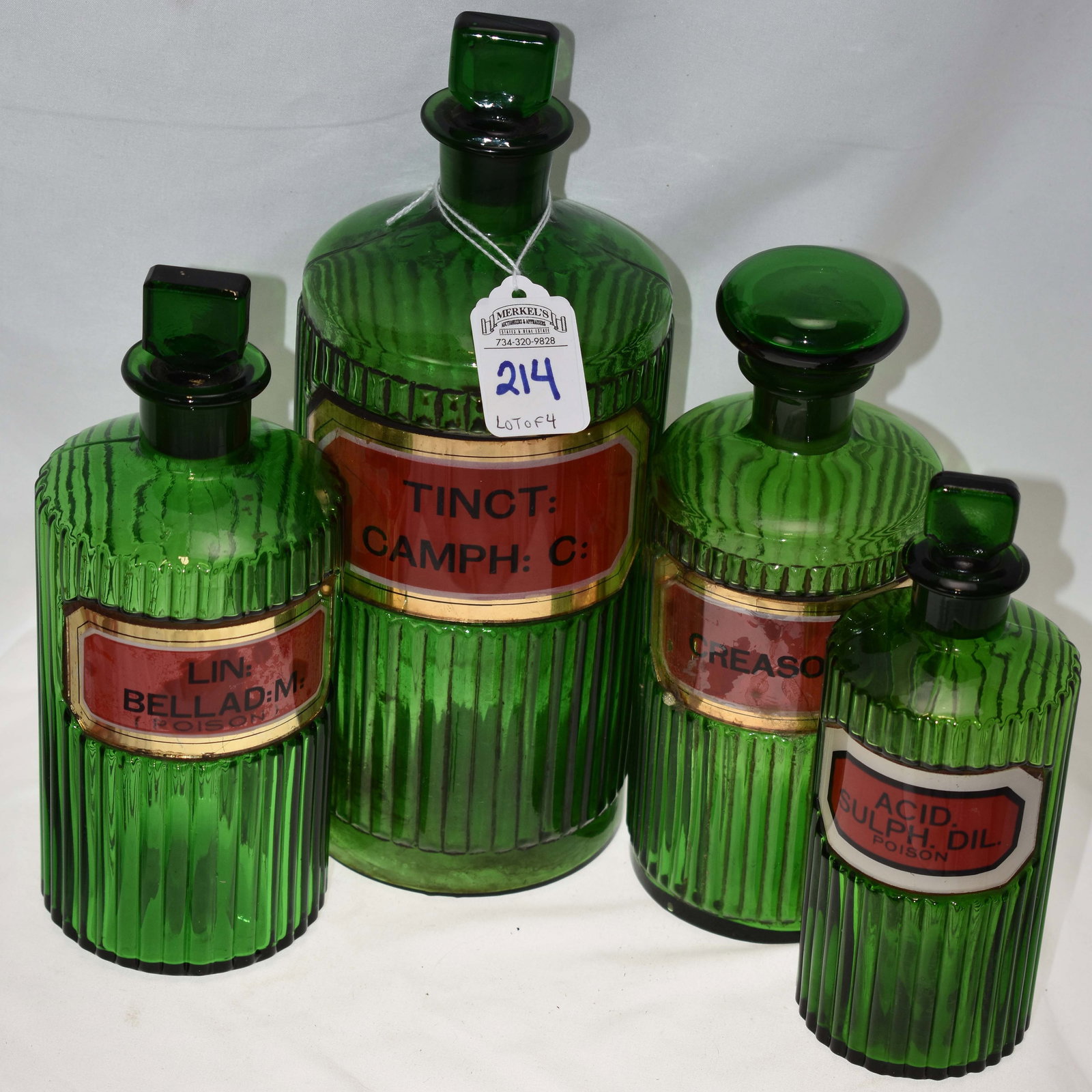 Lot of 4 Green Label Under Glass Pharmacy Bottles (1 of 5)