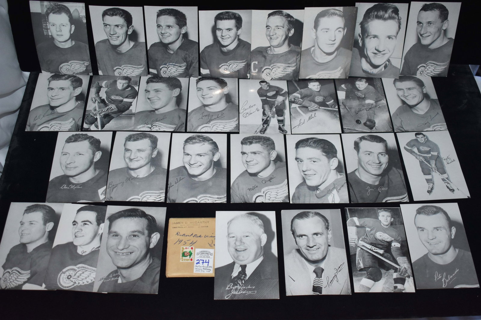 Early 1950s Issue- McCarthy Real Photo Postcards-Hockey Players Including Gordie Howe Lot of 30: This lot of James D McCarthy Original Postcards Hockey Players are the early version and come with (1)Original Mailing Envelopes with 1953 Christmas Seal Stamps and Postmark. The 1953-54 Detroit Red W