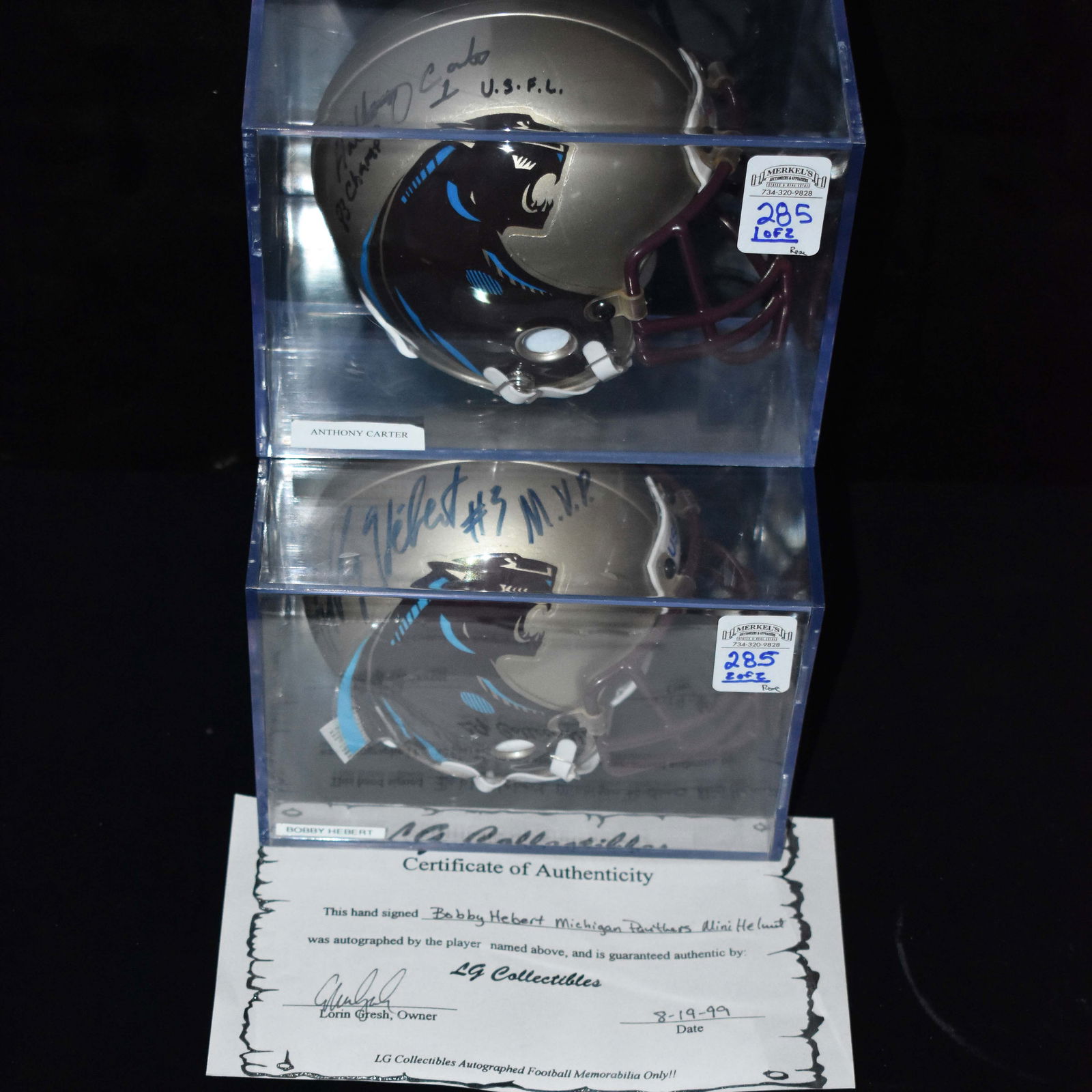 Lot of 2 - Anthony Carter and Bobby Hebert  - Signed Detroit Panthers USFL Mini Helmet (1 of 3)