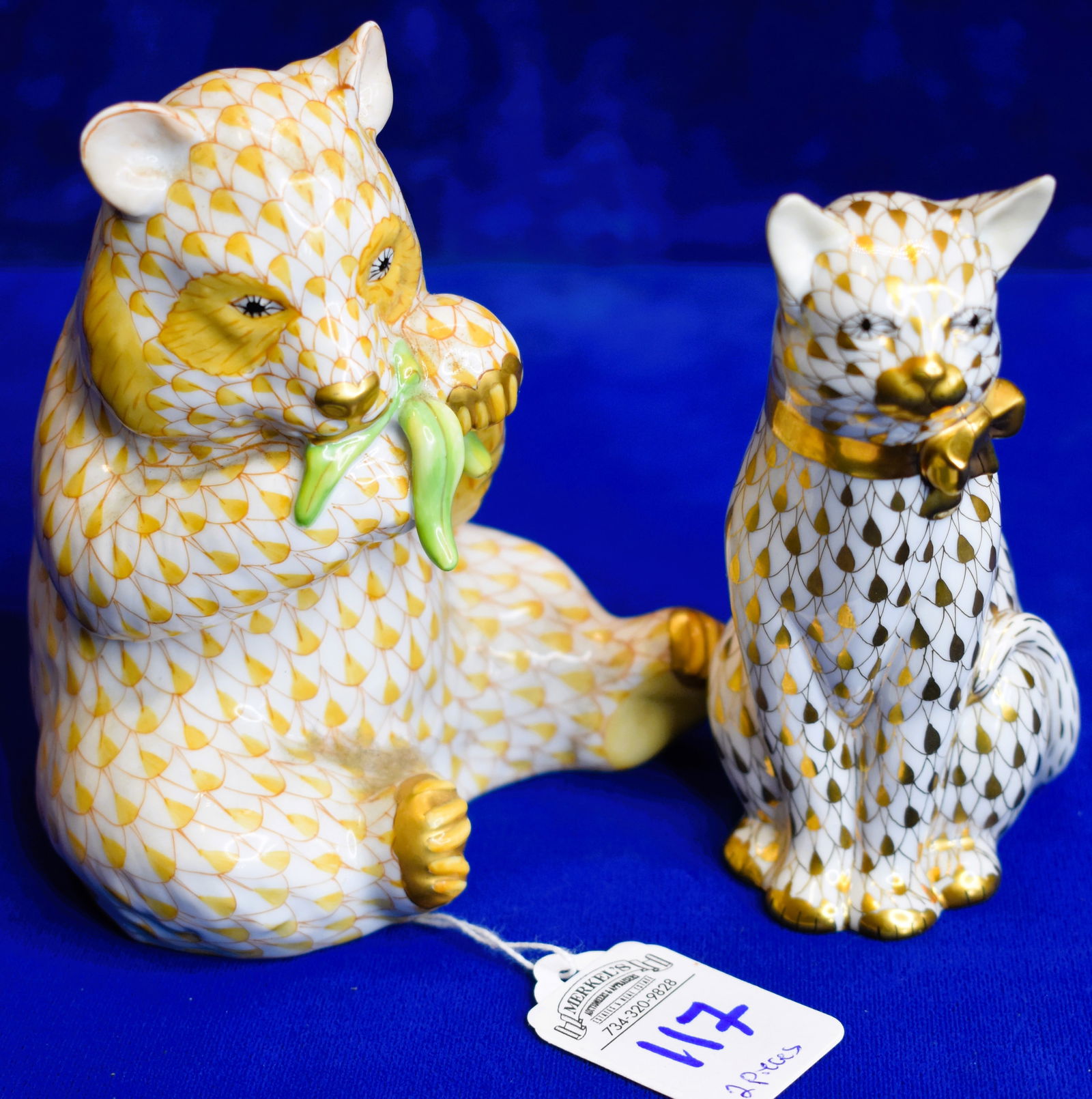 Lot of 2 - Herend Porcelain All Fishnet Design - Sitting Bear Eating a Banana & 24K Gold Cat (1 of 3)