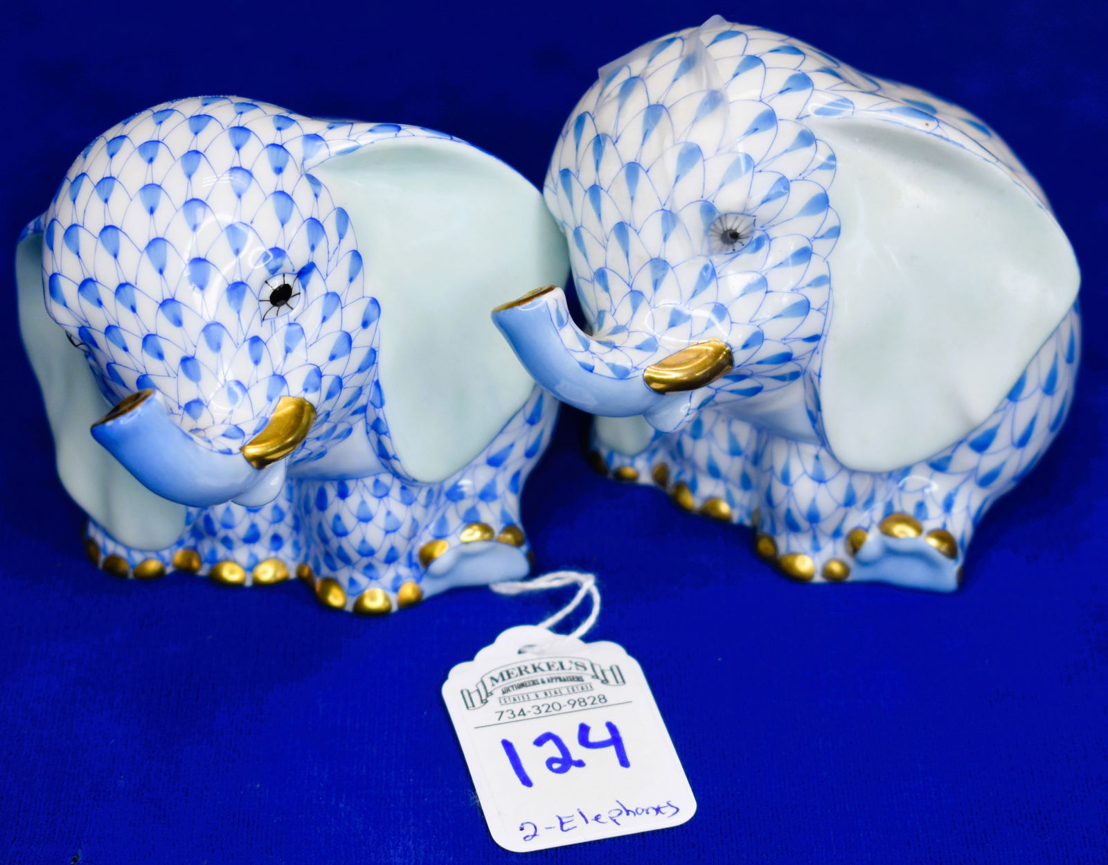 Lot of 2 - Herend Porcelain Blue Fishnet - Sitting Baby Elephants (1 of 3)