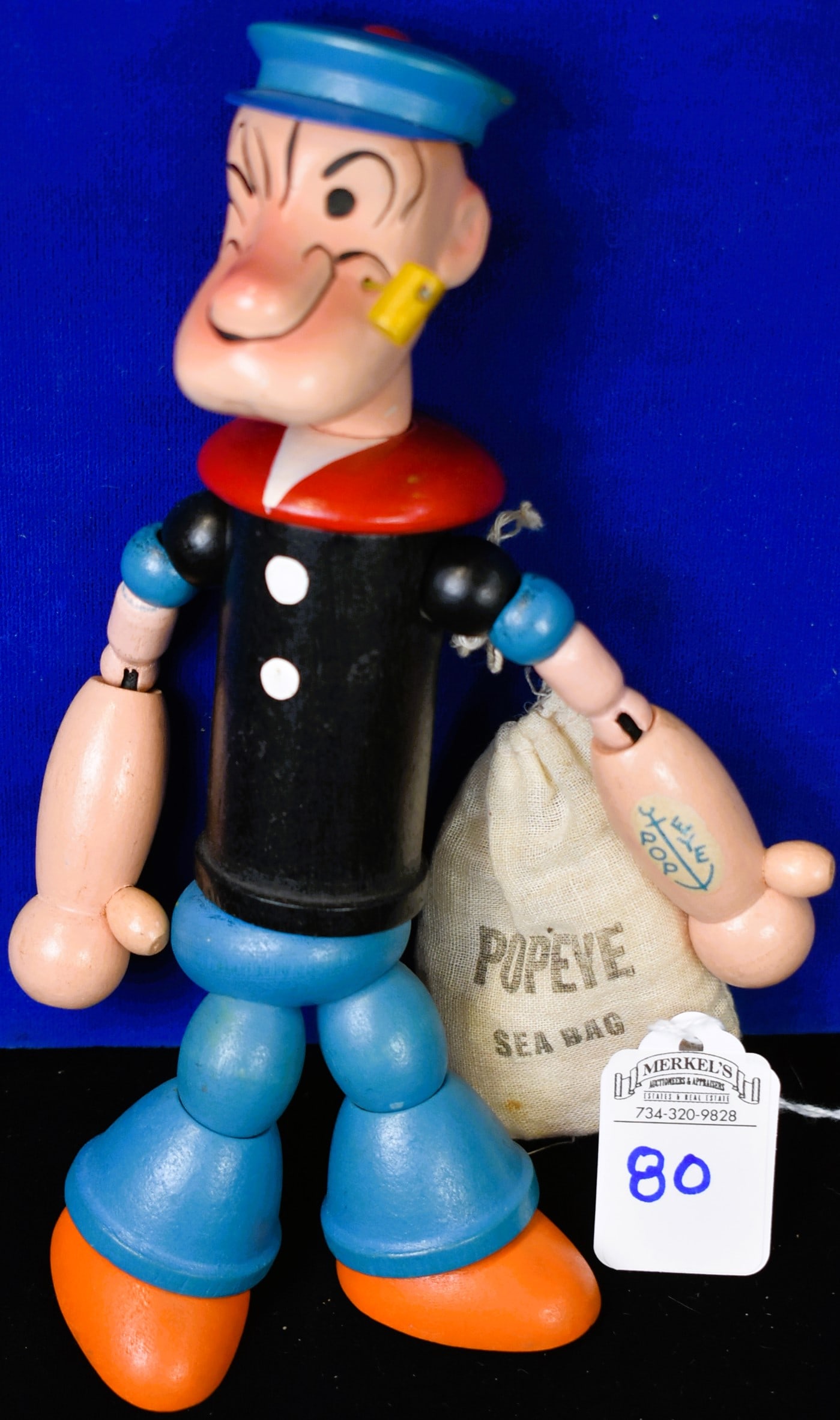 Exceptional Popeye the Sailor With Sea Bag, Wood & Composition Doll with J. Chein Decal - 1932 (1 of 6)
