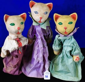 A Lot of 3 Vintage 1930's WPA Folk Art Cat Puppets with Paper Mache Heads