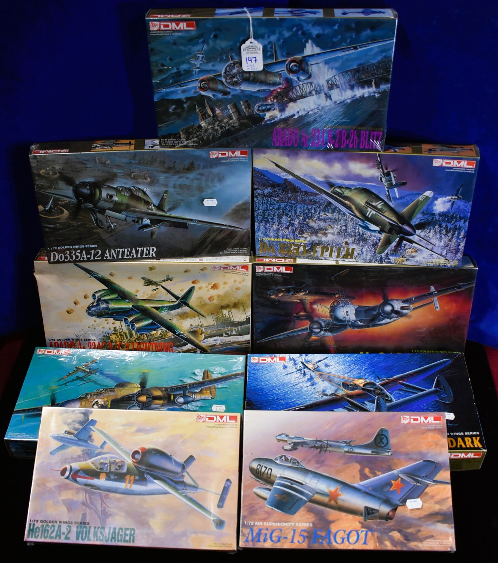 Lot of 9 - DML, Model Airplanes - 1/72 Scale: DML Model Airplanes as follows: 1.) Air Superiority Series MiG-15 Fagot - #2510. 2.) Golden Wings Series - He162A-2 Volksjager - #5001. 3.) Golden Wings Series Arado Ar 234 B-2/B-26 Blitz - #5003. 4.)
