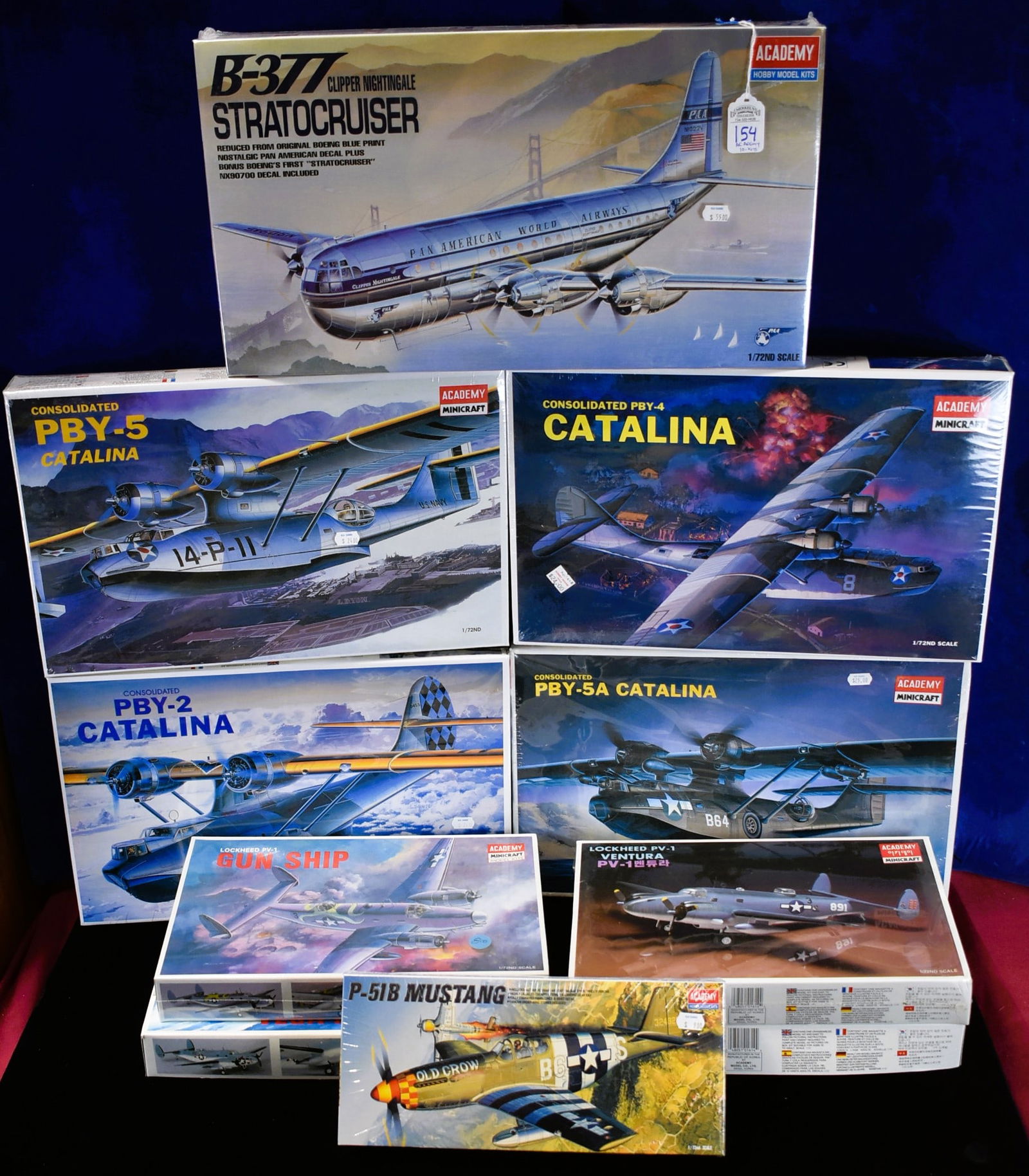 Lot of 10 - Academy Minicraft Model Airplanes - 1/72 Scale: Academy Minicraft Model Airplanes as follows: 1.) P-51B Mustang - #FA168-3500, 2. and 3.) Lockheed PV-1 Ventura - #1614, 4.) Lockheed PV-1 Gun Ship - #1678. 5.) Early Version Vega PV-1 Ventura - #1677