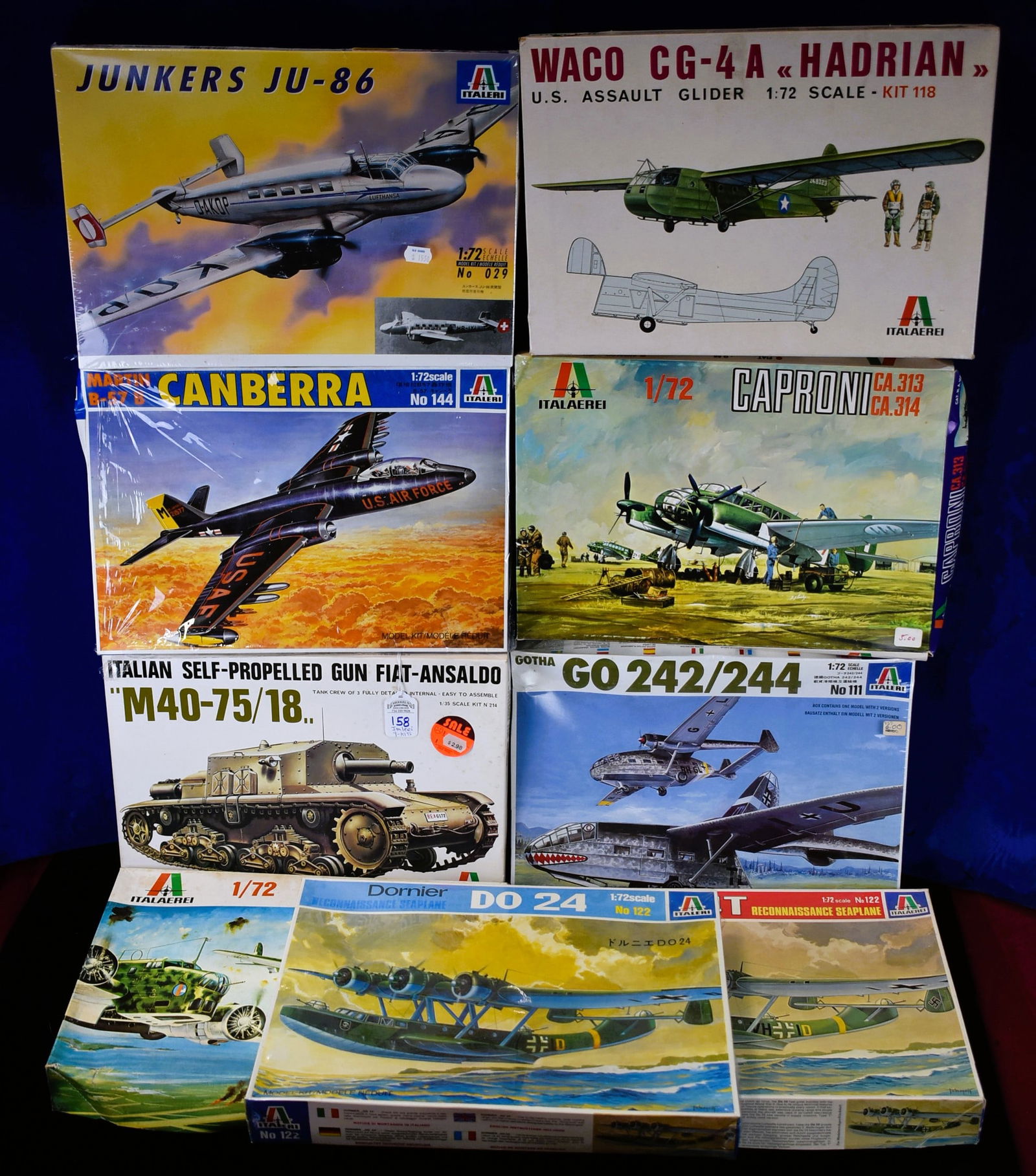 Lot of 9 - Italeri Model Airplanes - 1/72 Scale: Italeri Model Airplanes as follows: 1.) B-57 B Canberra - #144. 2.) Caproni CA.313 and CA.314 - #106. 3. and 4.) Reconnaissance Seaplane DO 24 T - #122. 5.) U.S. Assault Glider Waco Cg-4A - #118. 6.)