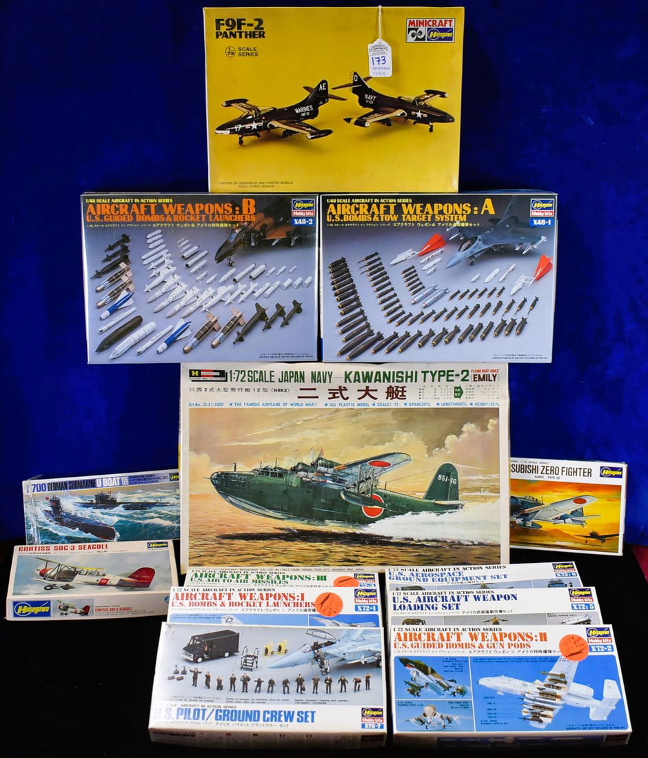 Lot of 13 Hasegawa Hobby Kits Model Airplanes and Ship - Various Scale: Lot of 13 Hasegawa models as follows: 1.) Mini Craft - A6M3 Zero - #JS-077:100. 2.) German Submarine U Boat VIIC/IXC - #WLS126. 3.) U.S. Pilot/Ground Crew Set - #X72-007:500. 4.) Aircraft in Action Se