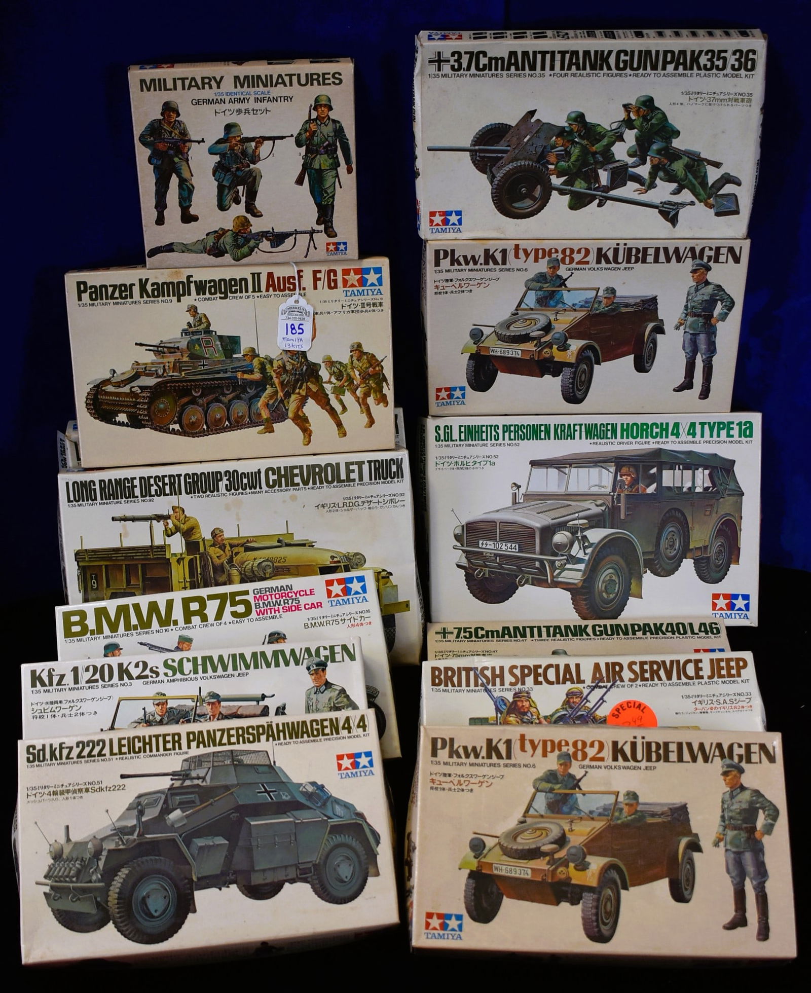 Lot of 13 Tamiya Combat Related Model Kits - 1/35 Scale: Tamiya Combat Related Models as follows: 1.) German Army Infantry - #MM102:100. 2.) Sd.kfz 222 Leichter Panzerspahwagen - MM151:450. 3.) Kfz 1/20 K2s Schwimmwagen - #MM103:200. 4.) German Motorcycle B