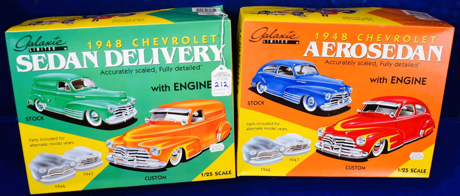 Lot of 2 Galaxie Limited Models - 1/25 Scale: Lot of 2 Galaxie Limited Models as follows: 1.) 1948 Chevrolet Aerosedan Fully Detailed with Engine - Build a Stock, Custom or racing car - #98011. 2.) 1948 Chevrolet Sedan Delivery Fully Detailed wit