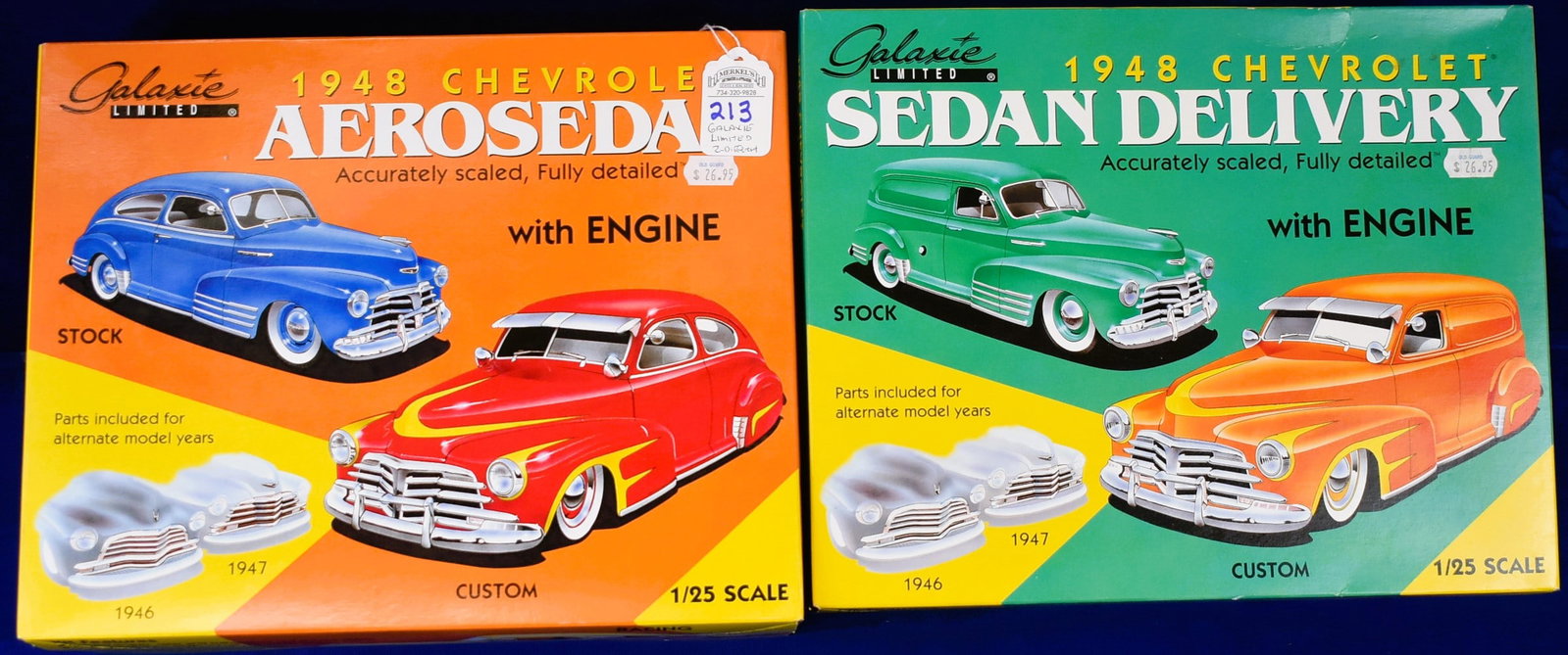Lot of 2 Galaxie Limited Models - 1/25 Scale: Lot of 2 Galaxie Limited Models as follows: 1.) 1948 Chevrolet Aerosedan Fully Detailed with Engine - Build a Stock, Custom or racing car - #98011. 2.) 1948 Chevrolet Sedan Delivery Fully Detailed wit