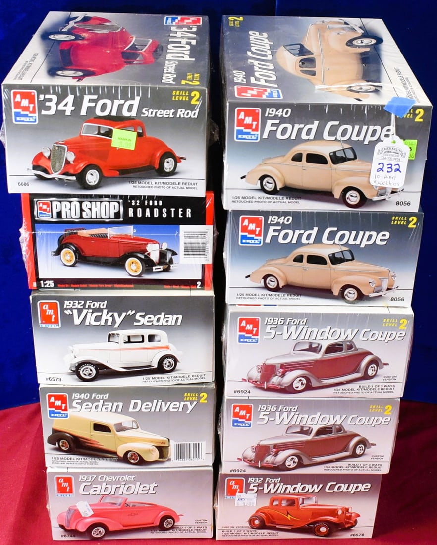 Lot of 10 AMT Model Car Kits.: Lot of 10 AMT Model Car Kits. 8 Boxes are Factory Wrapped. We believe all pieces are in box, but we cannot guarantee that all pieces are in the factory unsealed boxes. See photos for condition and det