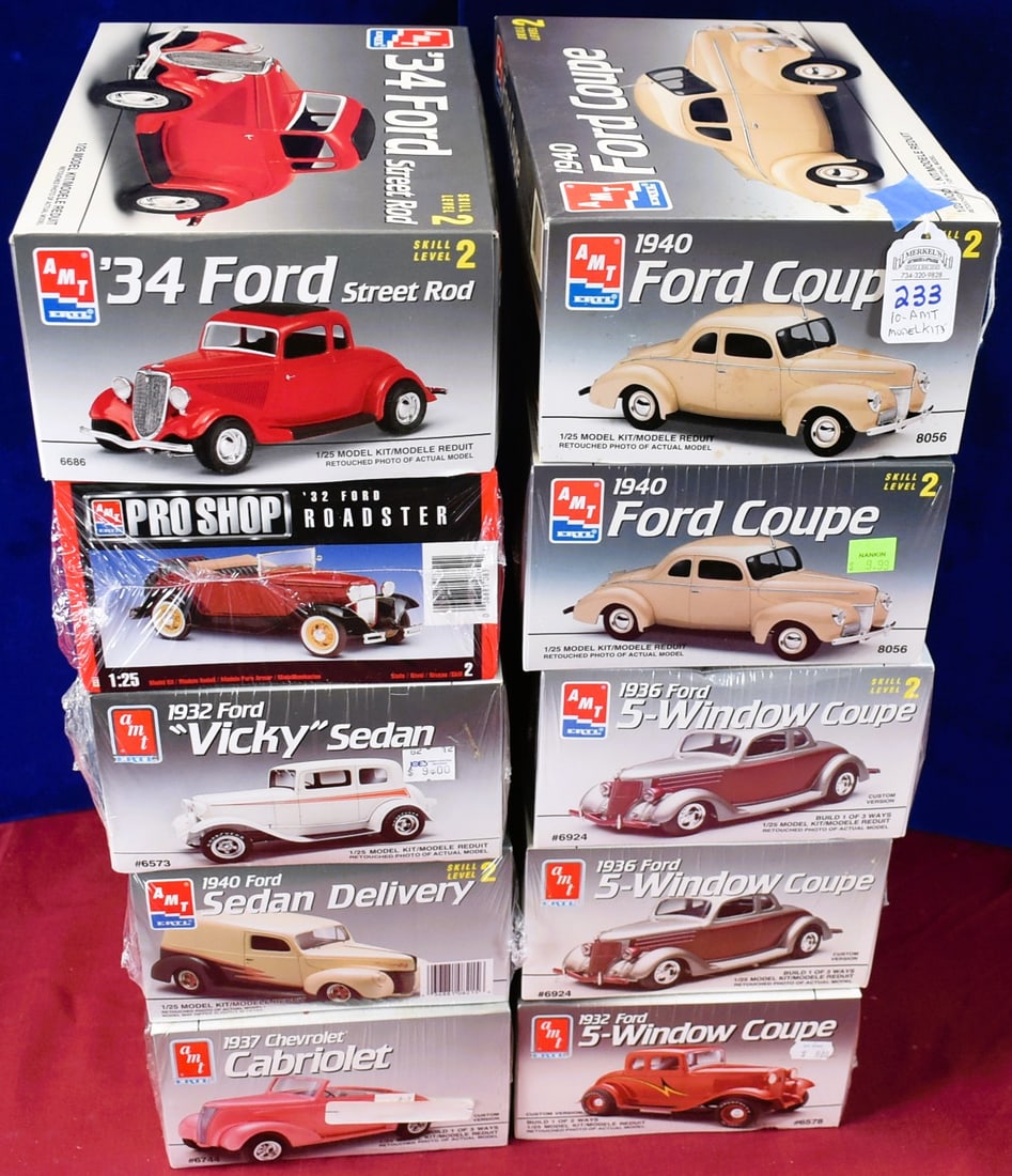 Lot of 10 AMT Model Car Kits.: Lot of 10 AMT Model Car Kits. 8 Boxes are Factory Wrapped. We believe all pieces are in box, but we cannot guarantee that all pieces are in the factory unsealed boxes. See photos for condition and det