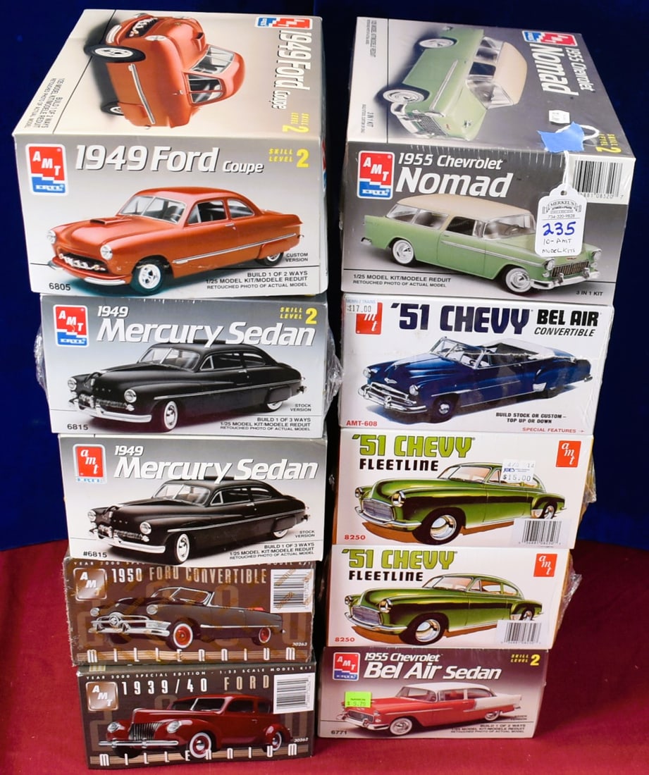 Lot of 10 AMT Model Car Kits.: Lot of 10 AMT Model Car Kits. 8 Boxes are Factory Wrapped. We believe all pieces are in box, but we cannot guarantee that all pieces are in the factory unsealed boxes. See photos for condition and det