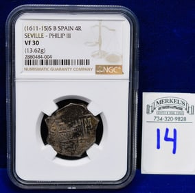 1611-15 S B Spain 4R Seville - Philip III - NGC VF 30 - Treasure Cob Coin