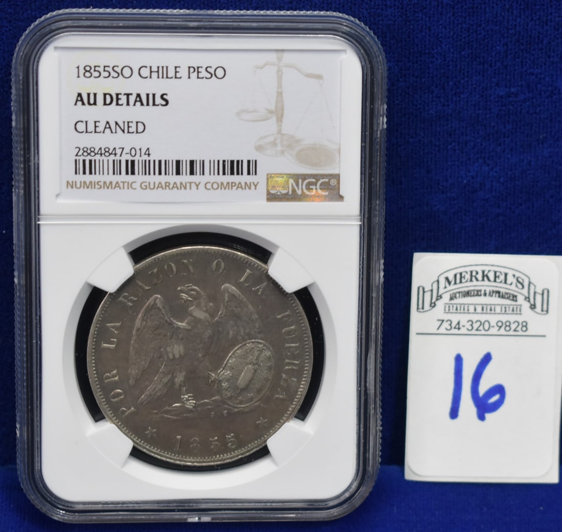 1855 SO Chile Peso - NGC AU DETAILS: 1855 SO Chile Peso - NGC AU DETAILS Please note before bidding on this or Any Gold items in this auction, we do not accept Credit Cards as a form of payment for these items. All Gold and Fine Je