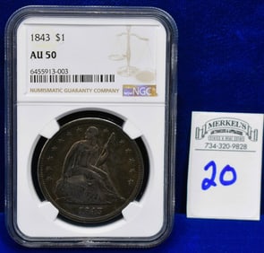 1843 $1 Seated Liberty - NGC AU 50 - US Coin