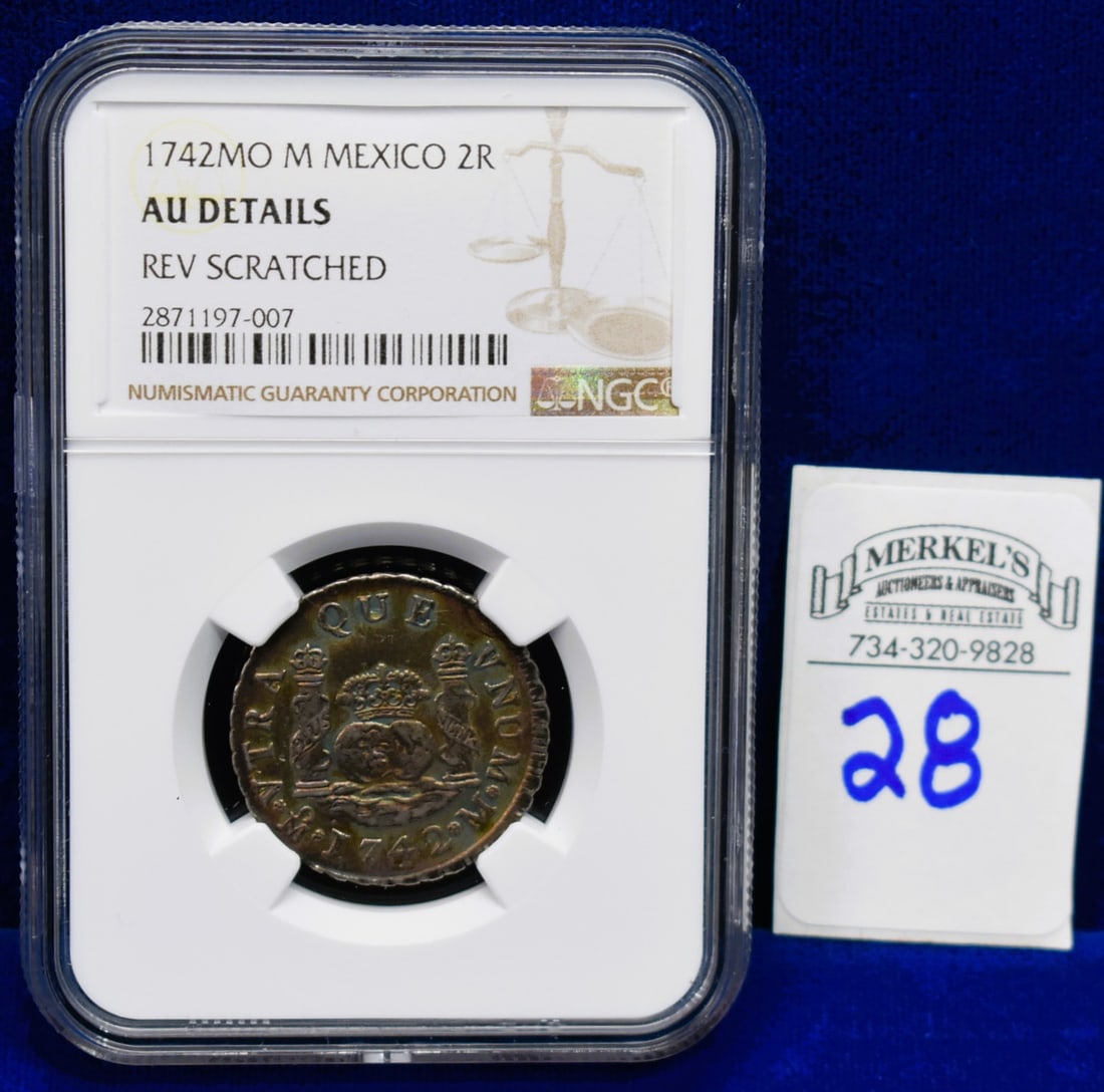 1742MO M Mexico 2R - NGC AU DETAILS - Silver Coin: 1742MO M Mexico 2R - NGC AU DETAILS - Silver Coin Please note before bidding on this or Any Gold items in this auction, we do not accept Credit Cards as a form of payment for these items. All Gold and