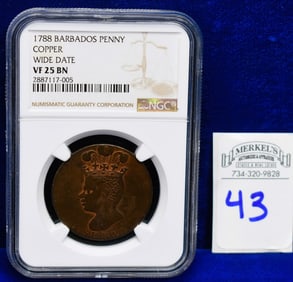 1788 Barbados Copper Penny (Wide Date) - NGC VF 25 BN