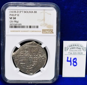 1618-21 P T Bolivia 8R Philip III - NGC VF 30 - Silver Coin