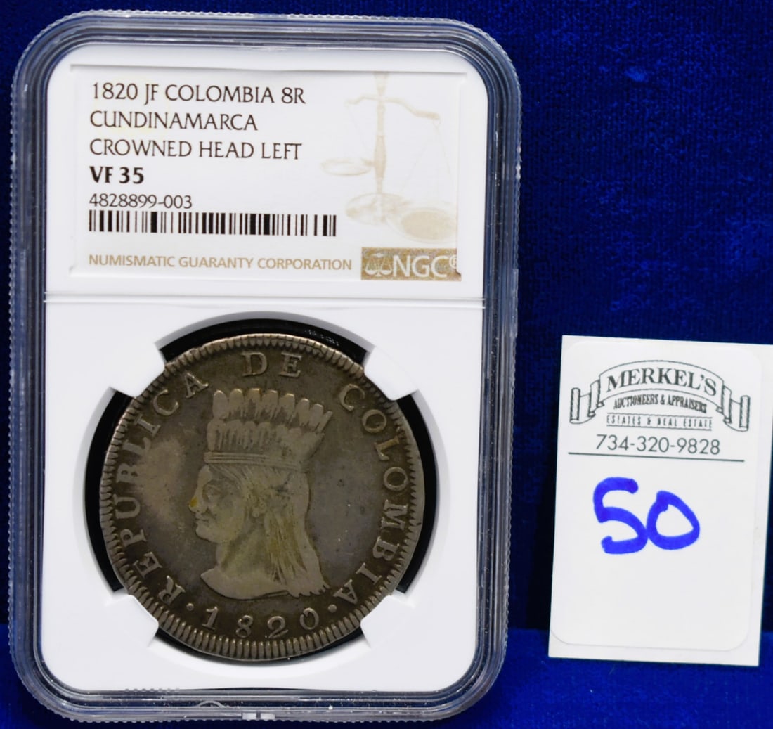 1820 JF Colombia 8R Cundinamarca Crowned Head Left - NGC VF 35 - Silver Coin: 1820 JF Colombia 8R Cundinamarca Crowned Head Left - NGC VF 35 - Silver Coin Please note before bidding on this or Any Gold items in this auction, we do not accept Credit Cards as a form of payment fo