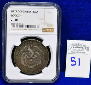 1865 Colombia Peso Bogota - NGC VF 30 - Silver Coin