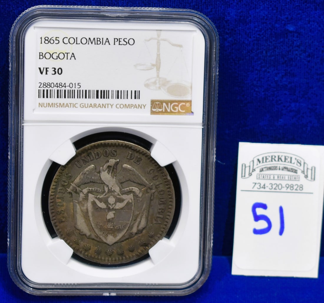 1865 Colombia Peso Bogota - NGC VF 30 - Silver Coin: 1865 Colombia Peso Bogota - NGC VF 30 - Silver Coin Please note before bidding on this or Any Gold items in this auction, we do not accept Credit Cards as a form of payment for these items. All 