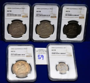 Lot of 5 Coins- 4-Guatemalan Pesos and 1-2 Reale (1894-1898) (NGC AU 53-58)